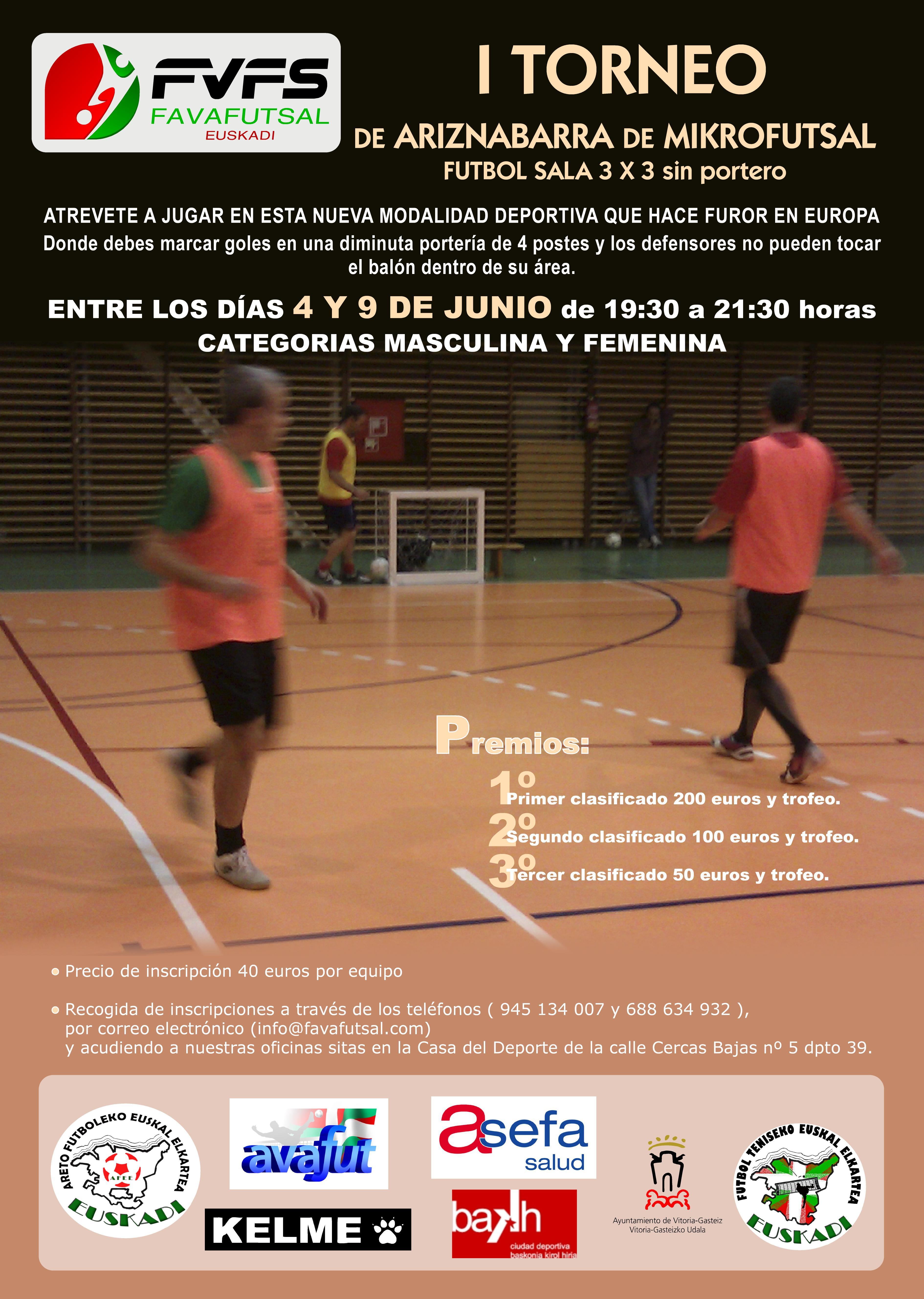 ¡¡¡ FAVAFUTSAL ORGANIZARA EL PRIMER TORNEO DE ARIZNABARRA DE MIKROFUTSAL 3 X 3, SE DISPUTARA ENTRE LOS DÍAS 4 Y 9 DE JUNIO, EN CATEGORIAS MASCULINA Y FEMENINA  !!! (  Premios económicos ). ¡¡¡ Atrévete a competir en una disciplina que hace furor en Europa